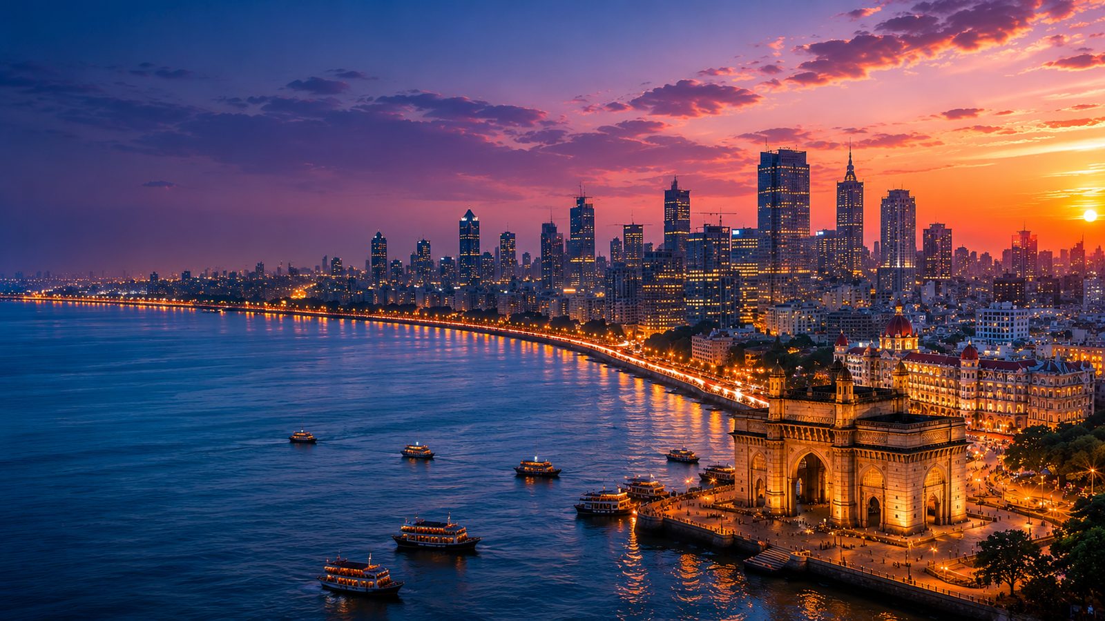 Mumbai skyline at dusk, Marine Drive curving toward the Gateway of India, the setting for India 2030 Leadership Conclave 2026